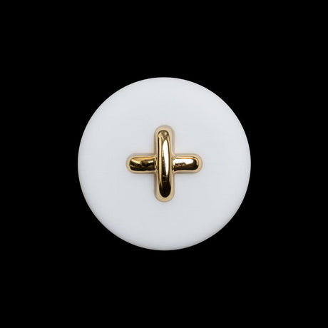 Plastic Shank Back Button - 36L/23mm - White and Metallic Gold Faux Stitched 4-Hole