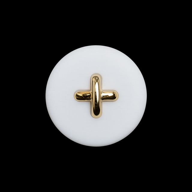 Plastic Shank Back Button - 36L/23mm - White and Metallic Gold Faux Stitched 4-Hole