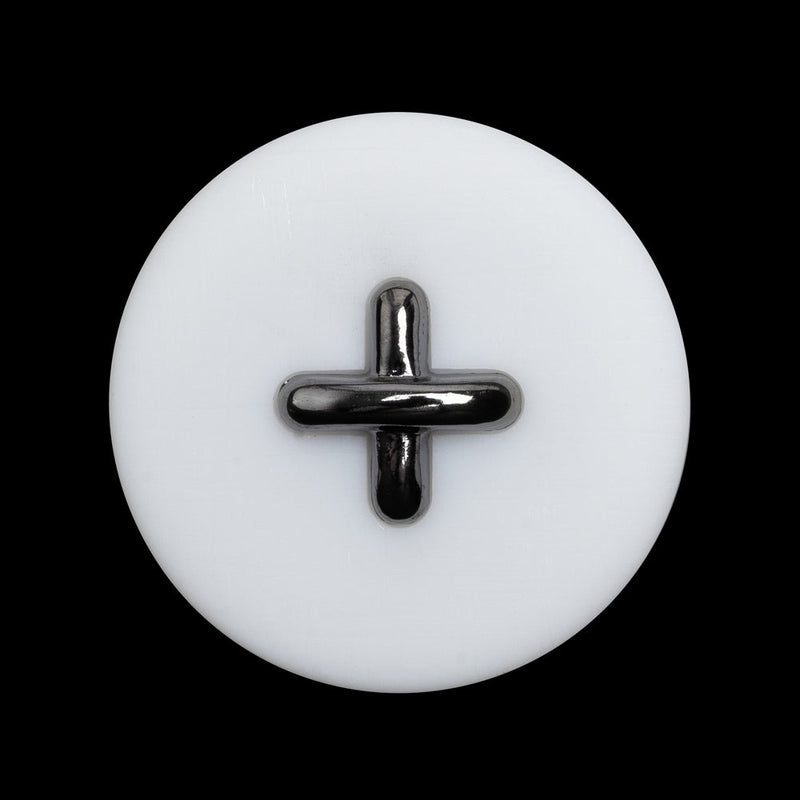 Plastic Shank Back Button - 44L/28mm - White and Metallic Gunmetal Faux Stitched 4-Hole