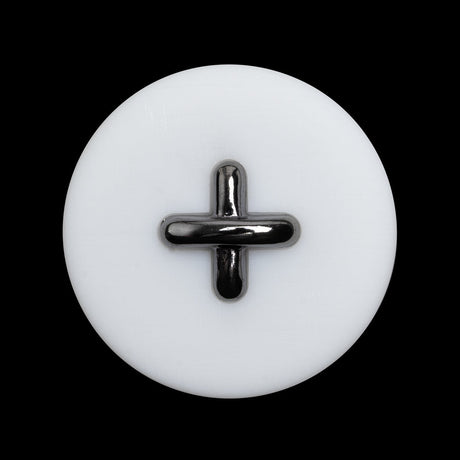 Plastic Shank Back Button - 44L/28mm - White and Metallic Gunmetal Faux Stitched 4-Hole