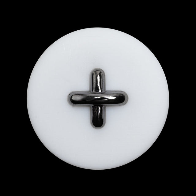 Plastic Shank Back Button - 44L/28mm - White and Metallic Gunmetal Faux Stitched 4-Hole