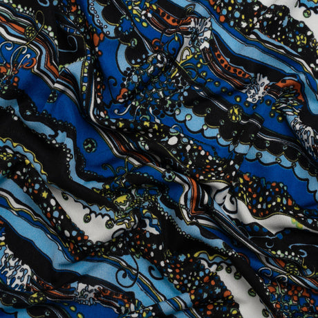 Blue, Orange and Black Fancy Diagonal Stripes Silk Jersey