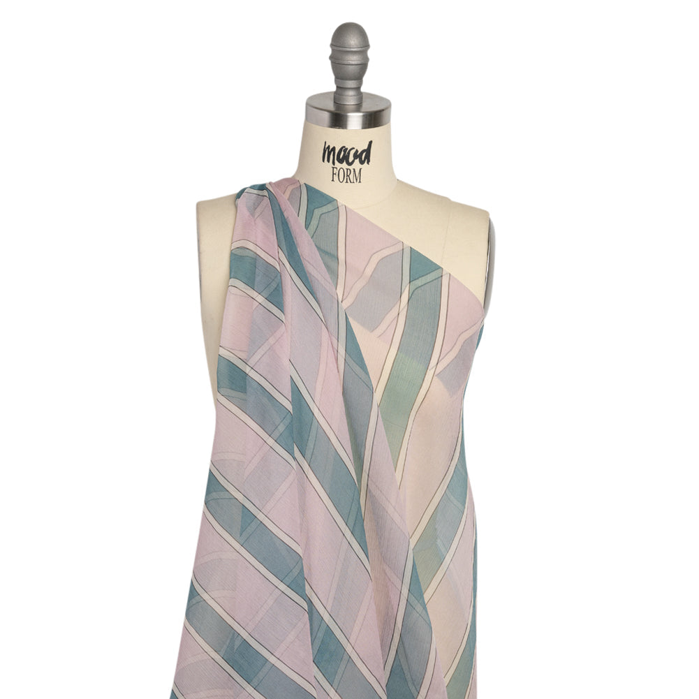 Famous Australian Designer Lilac, French Blue and Cream Striped Crinkled Silk Chiffon
