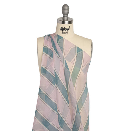 Famous Australian Designer Lilac, French Blue and Cream Striped Crinkled Silk Chiffon
