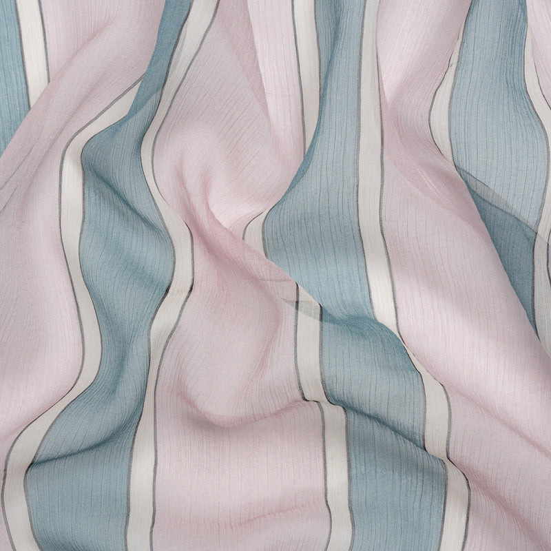 Famous Australian Designer Lilac, French Blue and Cream Striped Crinkled Silk Chiffon