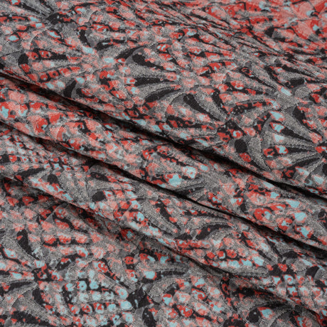 Red, Black and Sky Blue Abstract Printed Fan Flowers Stretch Cotton Matelasse