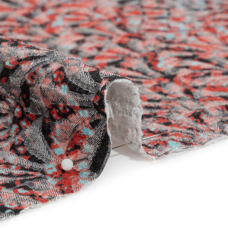 Red, Black and Sky Blue Abstract Printed Fan Flowers Stretch Cotton Matelasse