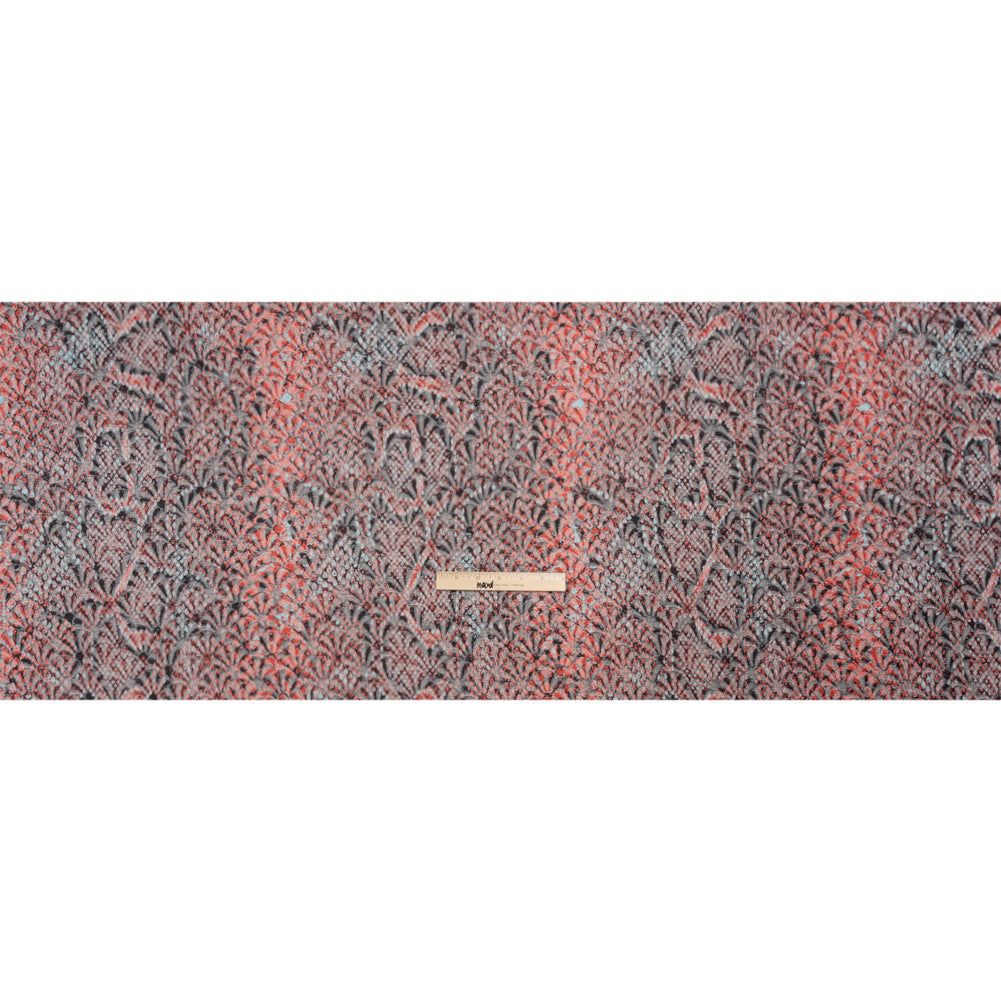 Red, Black and Sky Blue Abstract Printed Fan Flowers Stretch Cotton Matelasse