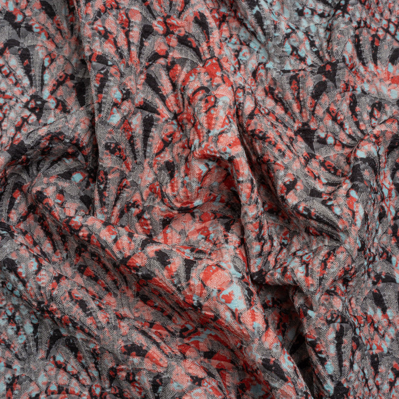 Red, Black and Sky Blue Abstract Printed Fan Flowers Stretch Cotton Matelasse
