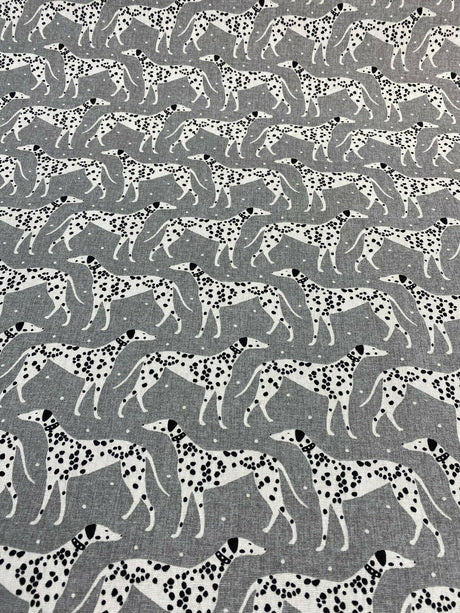 Waverly Dalmatian Dogs Grey Dapper Novogratz Cotton Fabric - Black, Gray, White Dalmatian Dogs, 54" Width (1 Yard)