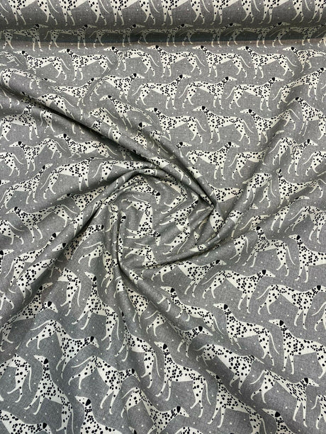 Waverly Dalmatian Dogs Grey Dapper Novogratz Cotton Fabric - Black, Gray, White Dalmatian Dogs, 54" Width (1 Yard)