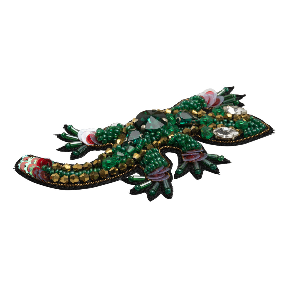 Rhinestones, Sequins and Glass Beaded Applique, 3.5" x 2.75" - Green and Gold Lizard - Alice Collection