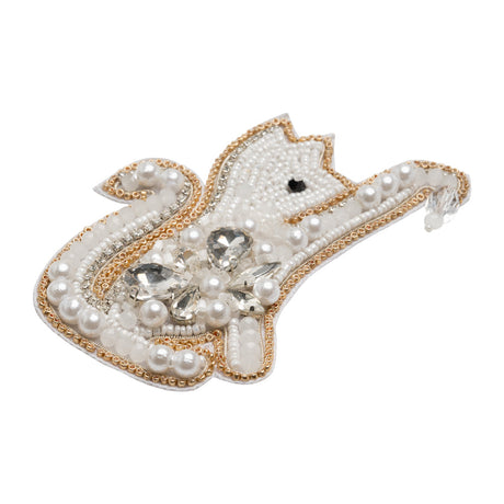 Rhinestones and Glass Beaded Applique, 3.875" x 3" - White, Crystal and Gold Playing Cat - Alice Collection