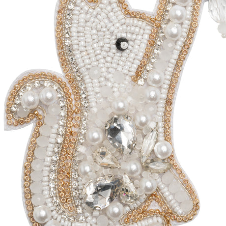 Rhinestones and Glass Beaded Applique, 3.875" x 3" - White, Crystal and Gold Playing Cat - Alice Collection