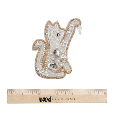 Rhinestones and Glass Beaded Applique, 3.875" x 3" - White, Crystal and Gold Playing Cat - Alice Collection