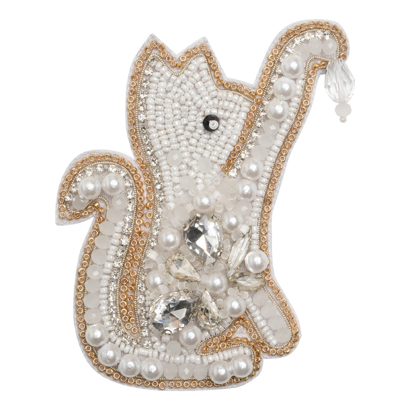 Rhinestones and Glass Beaded Applique, 3.875" x 3" - White, Crystal and Gold Playing Cat - Alice Collection