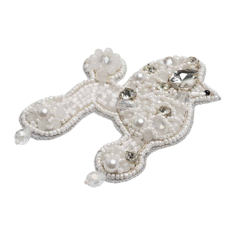 Rhinestones and Glass Beaded Applique, 3.5" x 2.375" - White, Crystal and Silver Poodle - Alice Collection