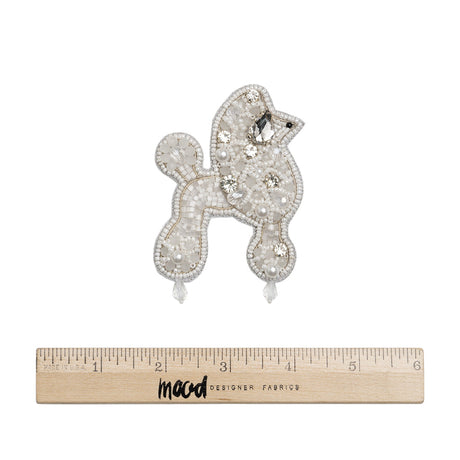 Rhinestones and Glass Beaded Applique, 3.5" x 2.375" - White, Crystal and Silver Poodle - Alice Collection