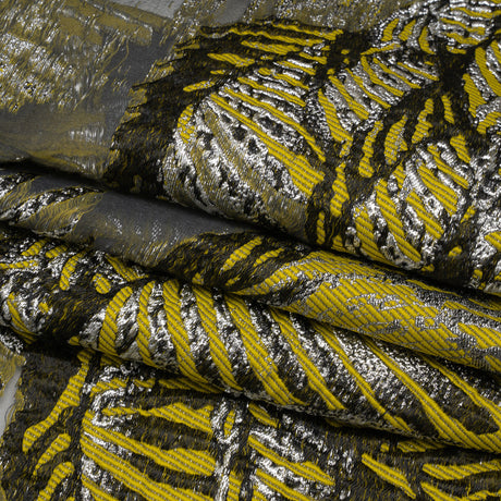 Yellow, Black and Metallic Silver Palm Leaves Luxury Burnout Brocade