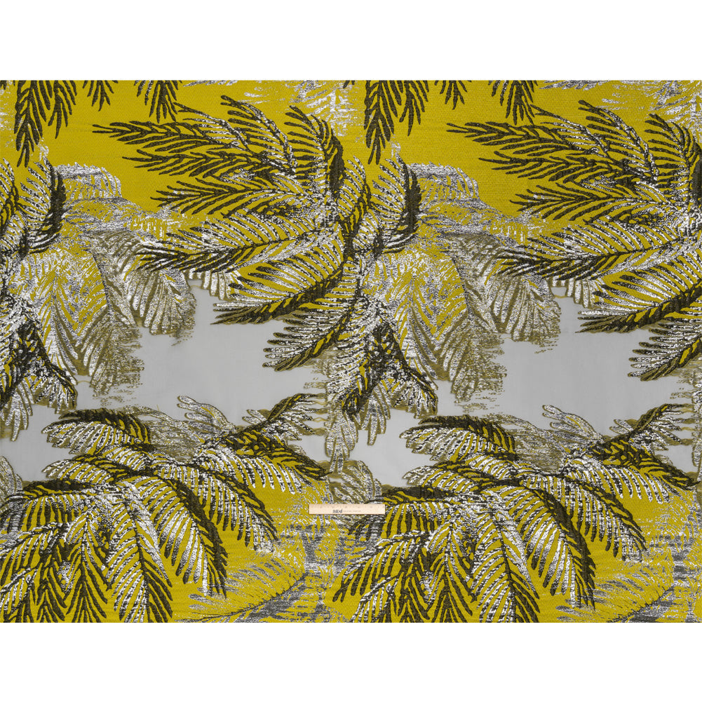 Yellow, Black and Metallic Silver Palm Leaves Luxury Burnout Brocade