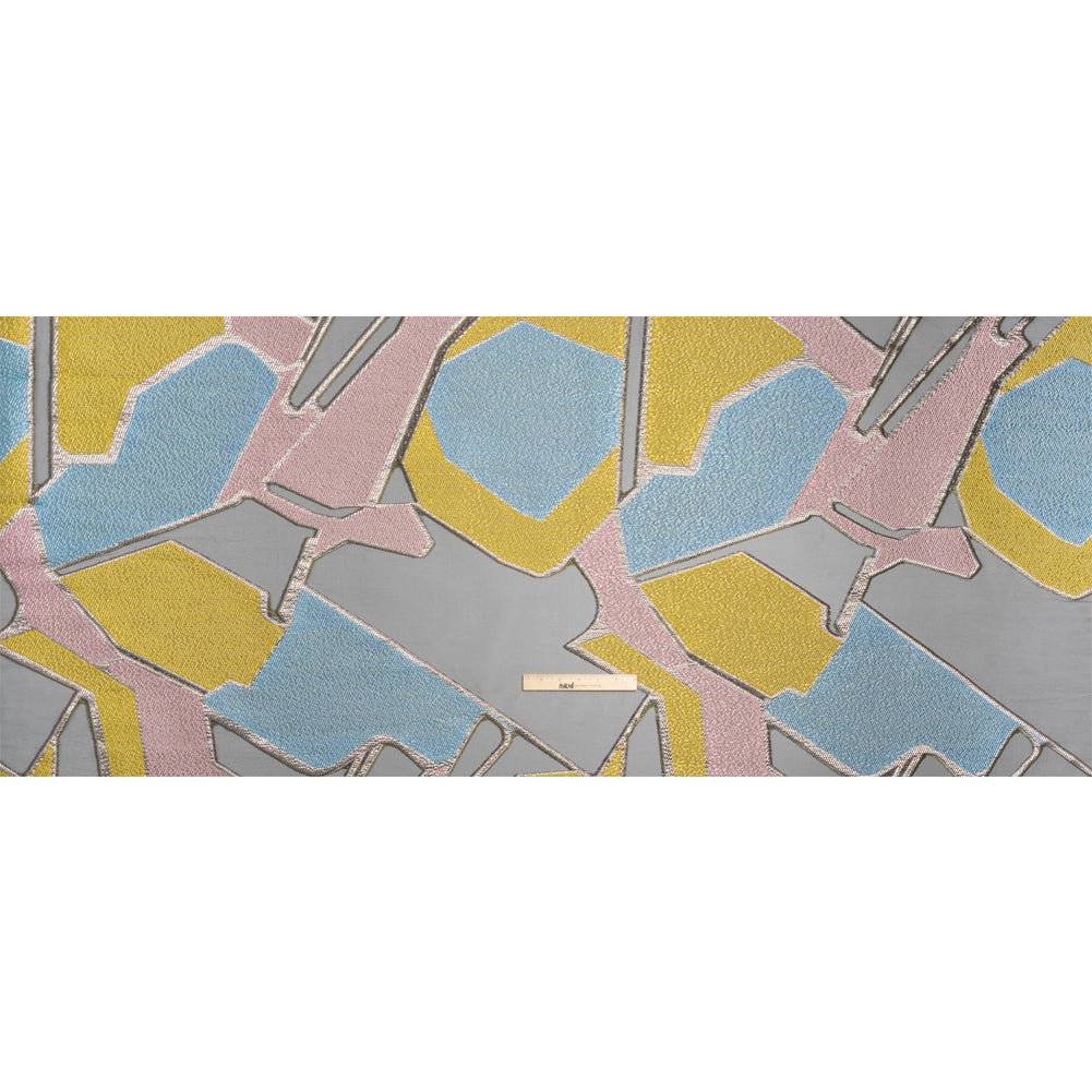 Pink, Blue and Yellow Metallic Abstractly Geometric Luxury Burnout Brocade