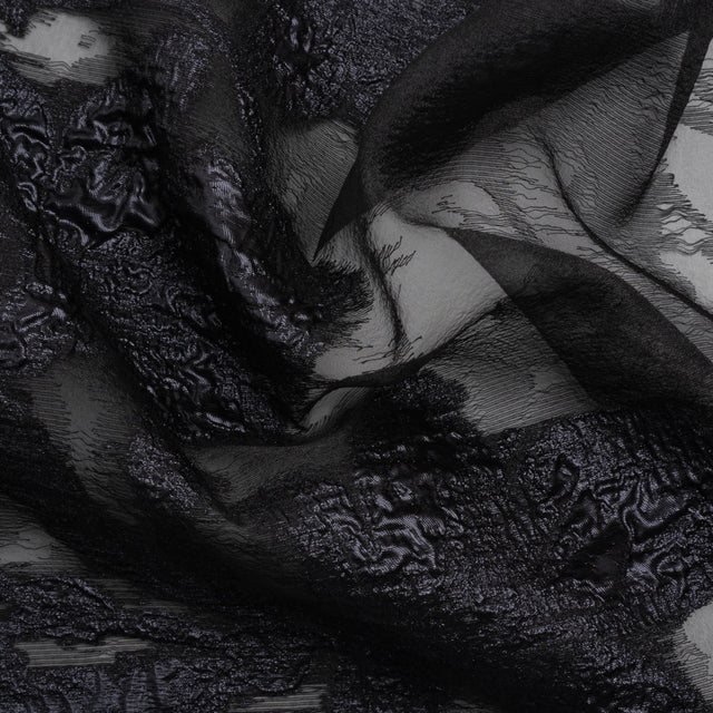 Metallic Gunmetal and Black Floral Silhouettes Border Luxury Burnout Brocade