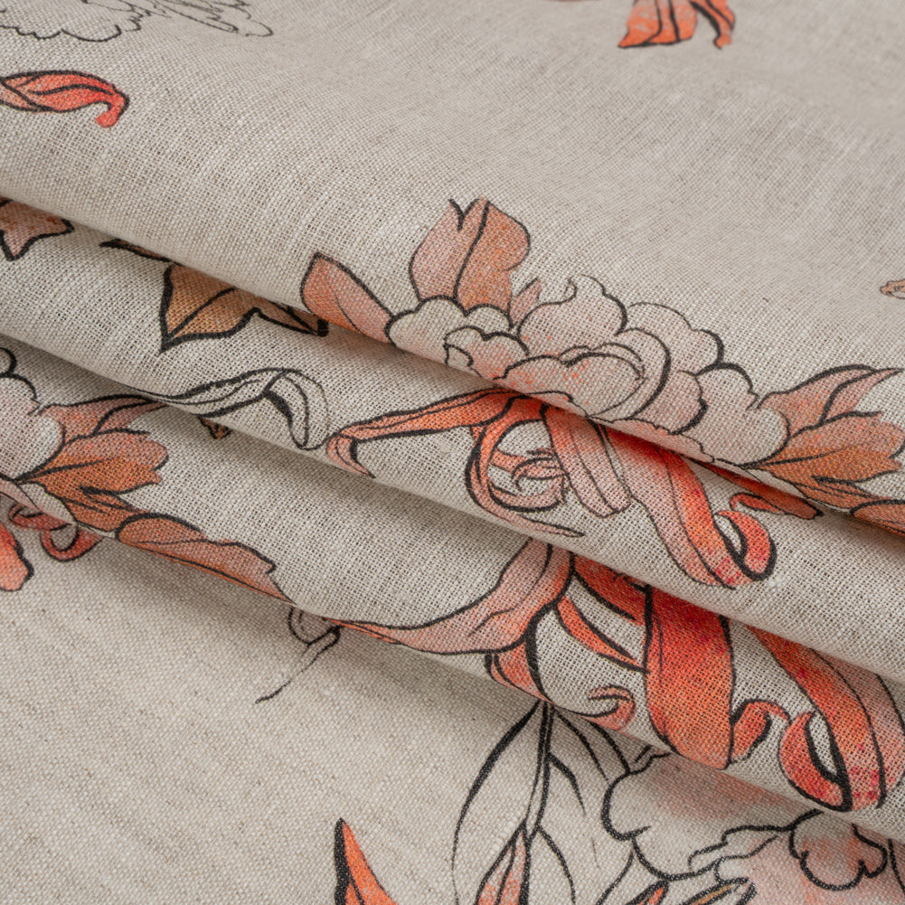 Oatmeal and Coral Fading Bouquet Medium Weight Linen Woven