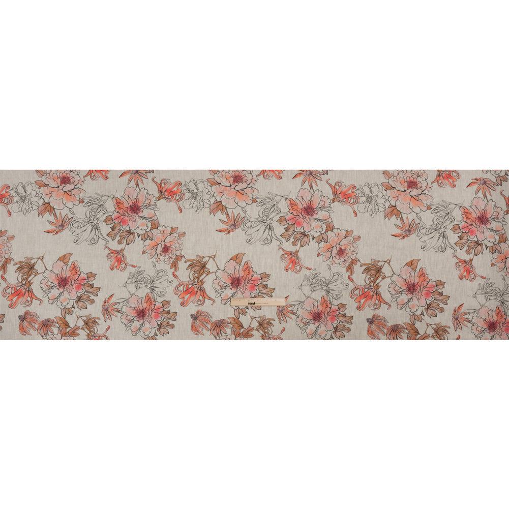 Oatmeal and Coral Fading Bouquet Medium Weight Linen Woven