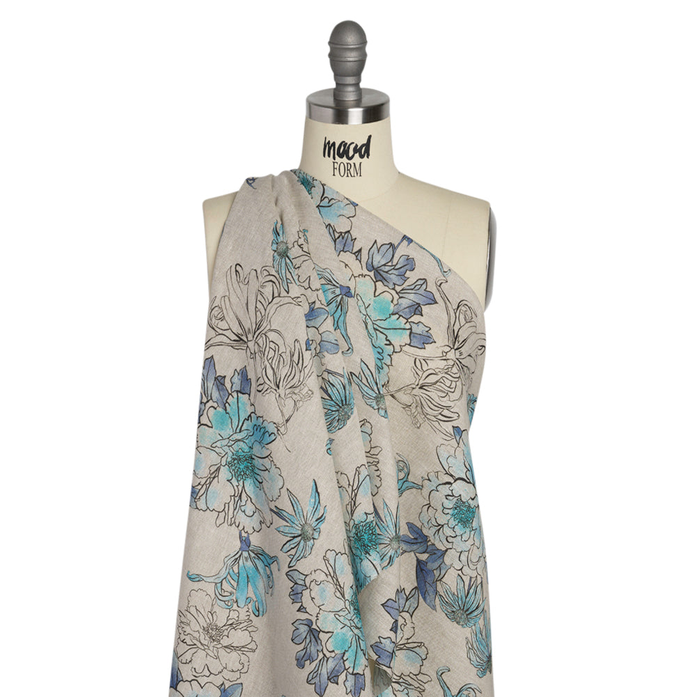 Oatmeal and Blue Fading Bouquet Medium Weight Linen Woven