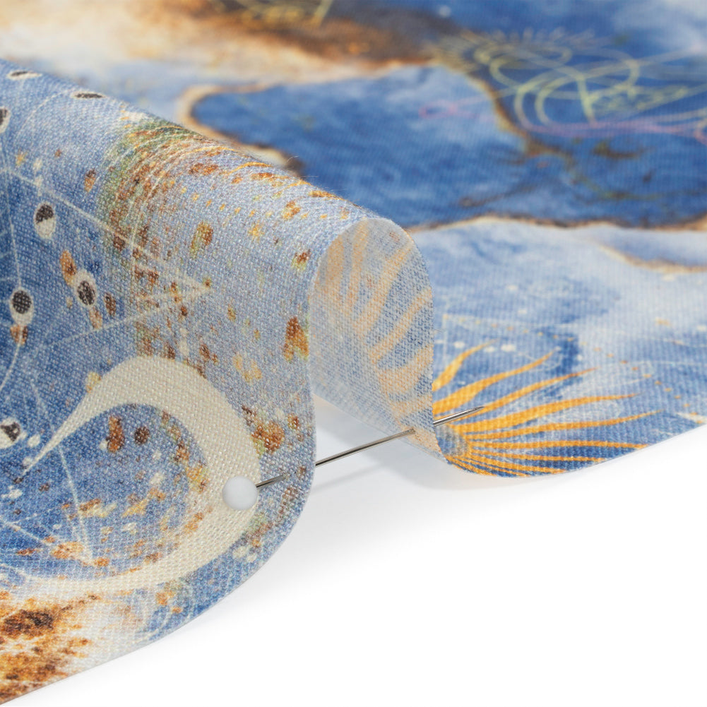 Blue and Gold Suns and Stars Medium Weight Linen Woven