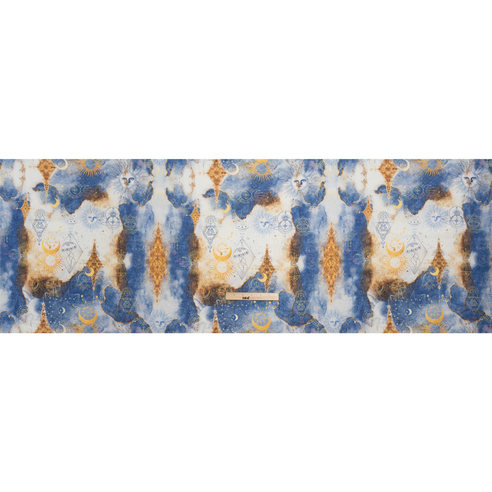 Blue and Gold Suns and Stars Medium Weight Linen Woven