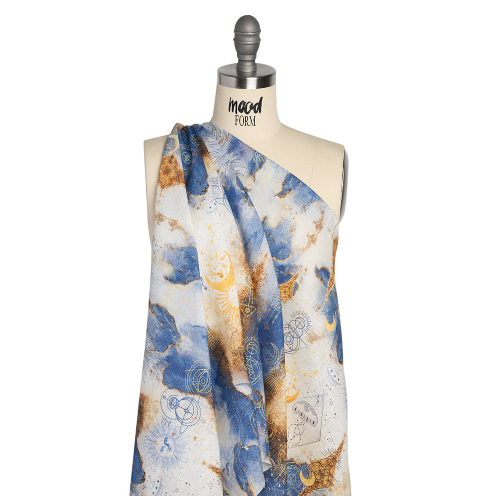 Blue and Gold Suns and Stars Medium Weight Linen Woven