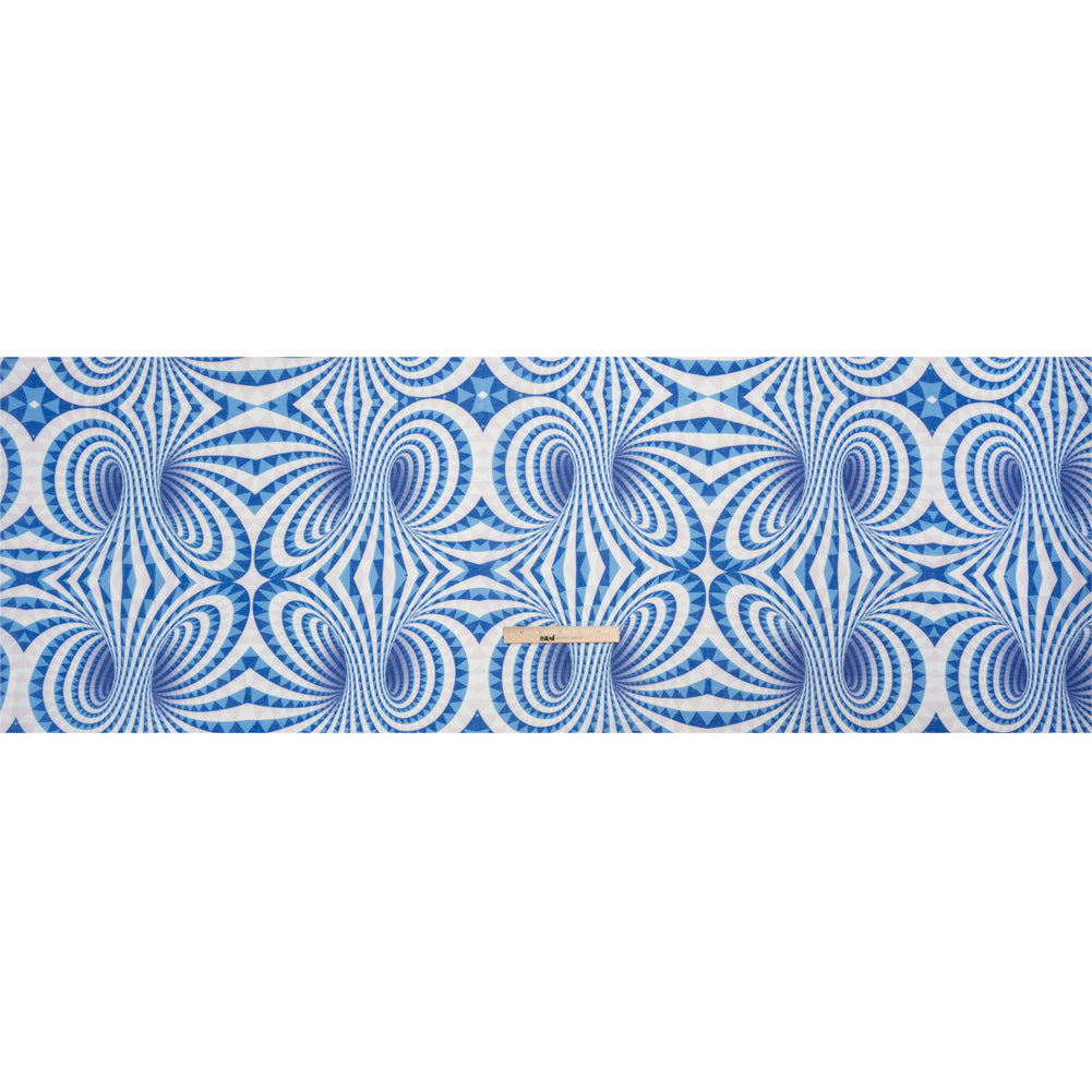 Blue, White and Palest Pink Spiralling Tunnels Medium Weight Linen Woven