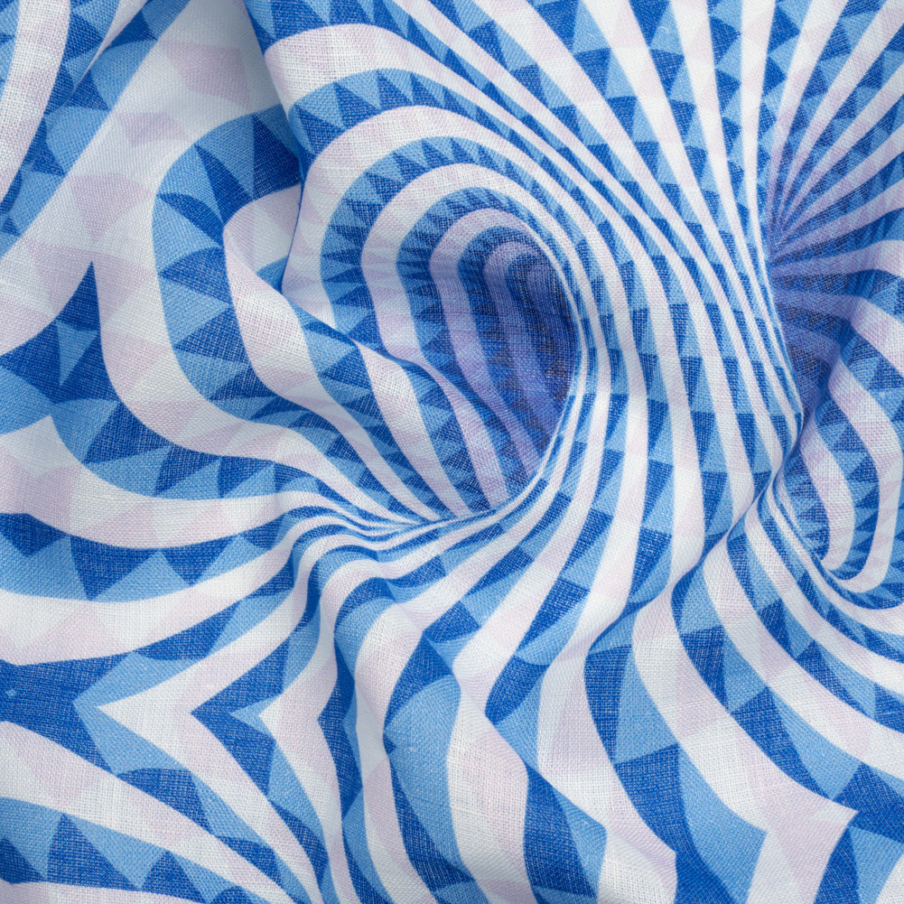 Blue, White and Palest Pink Spiralling Tunnels Medium Weight Linen Woven