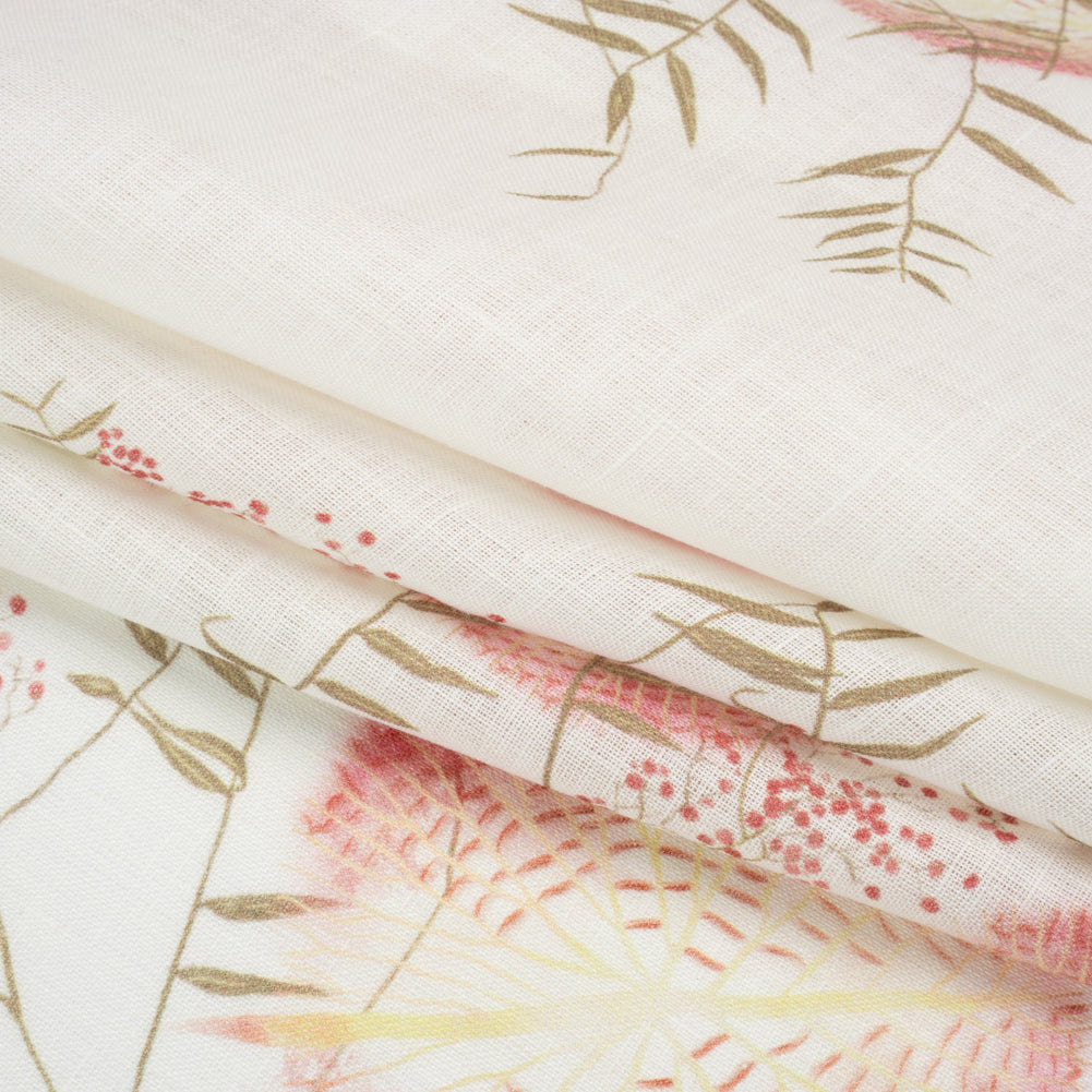 Muted Red, Yellow and Olive Sunny Puffballs Medium Weight Linen Woven