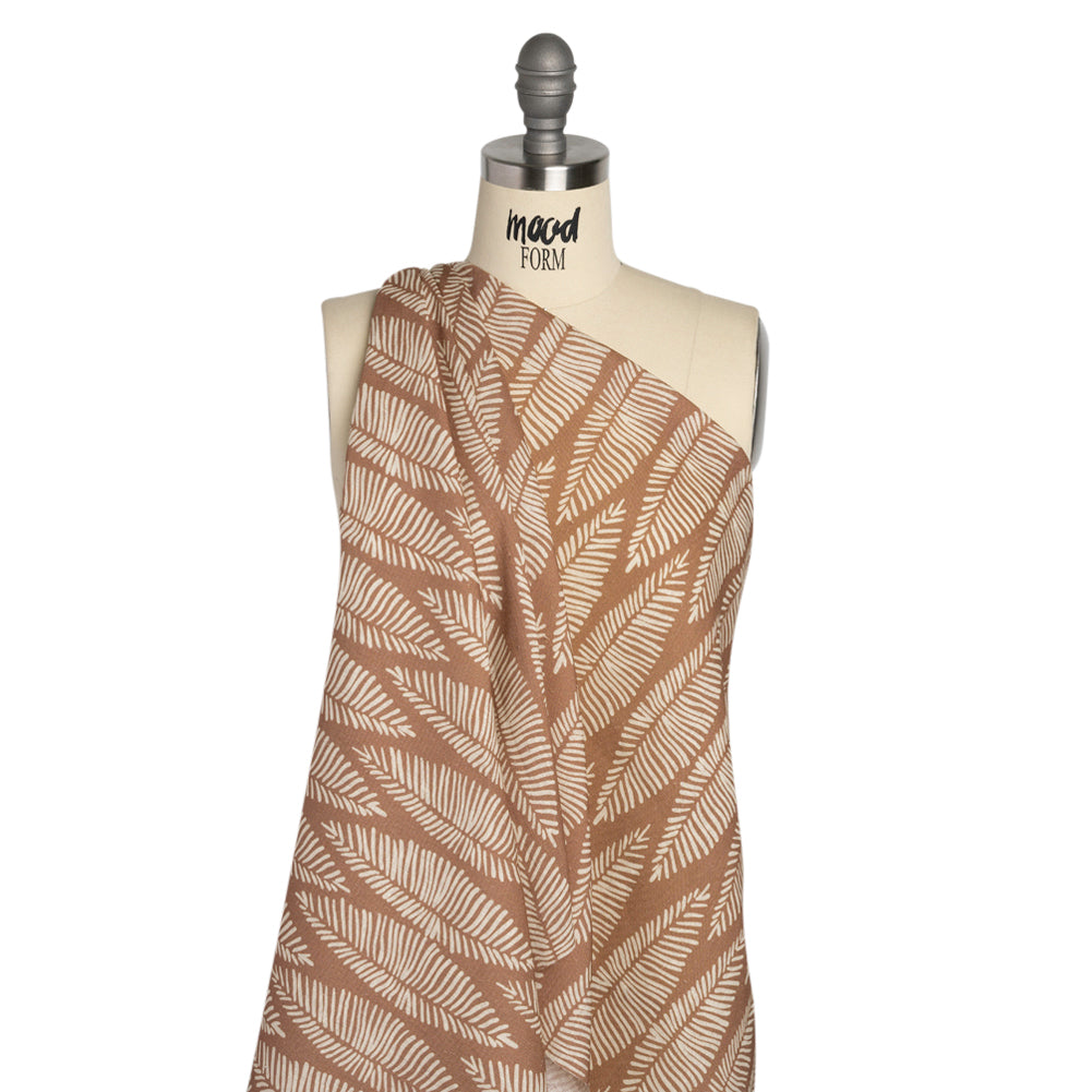 Brown and Cream Feather Leaves Medium Weight Linen Woven
