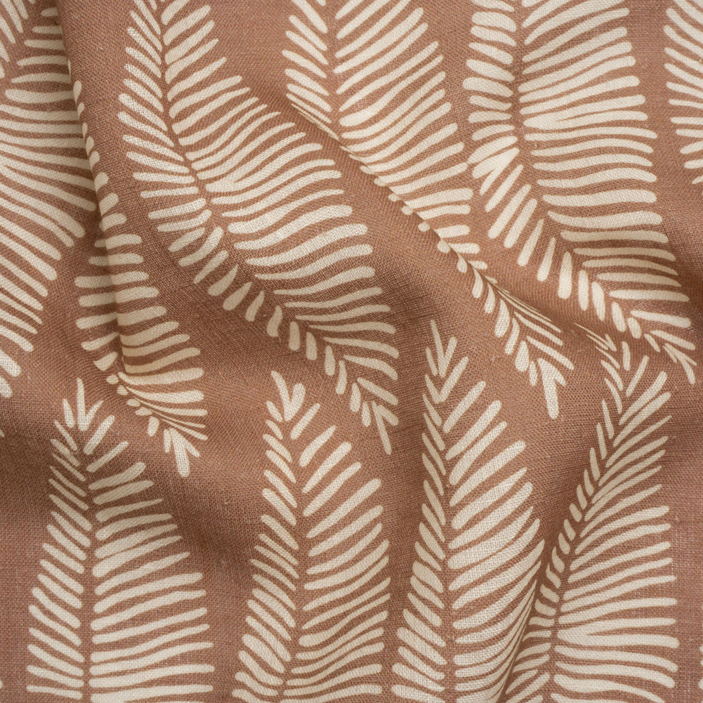 Brown and Cream Feather Leaves Medium Weight Linen Woven