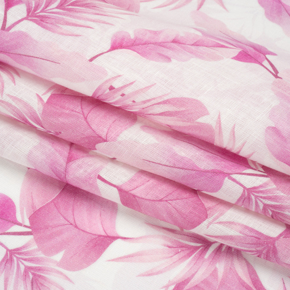 Pink and White Leaves Medium Weight Linen Woven