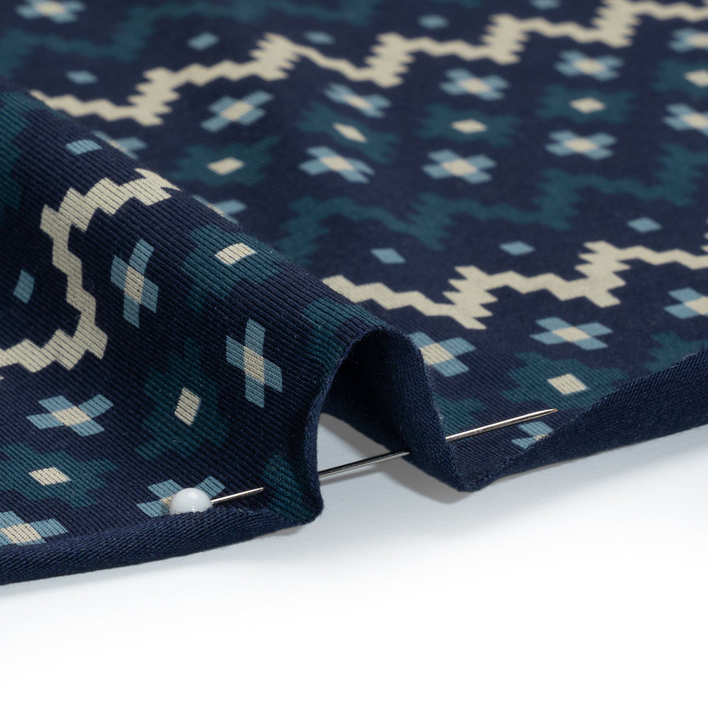 Stretch Modal and Cotton Jersey - Navy, Beige and Dark Teal Geometric Stripes - Deadstock