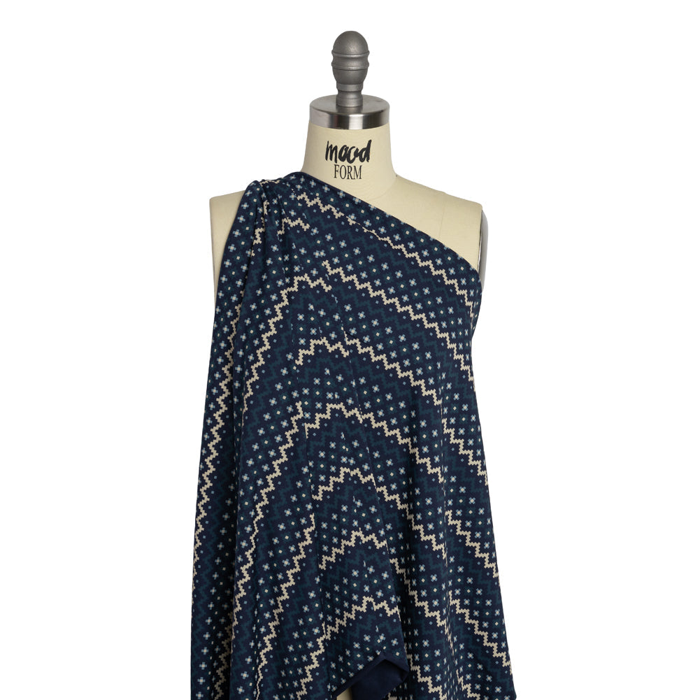 Stretch Modal and Cotton Jersey - Navy, Beige and Dark Teal Geometric Stripes - Deadstock