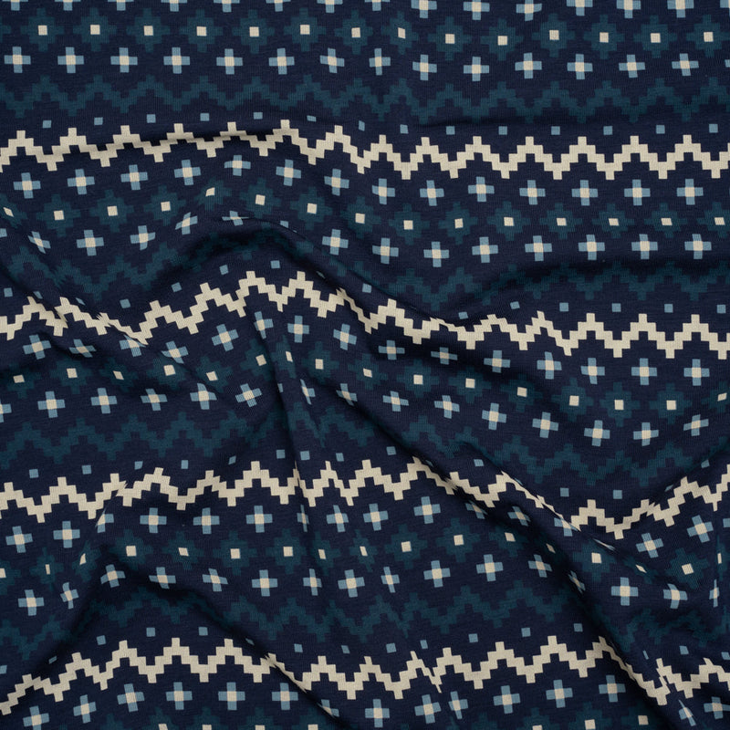 Stretch Modal and Cotton Jersey - Navy, Beige and Dark Teal Geometric Stripes - Deadstock