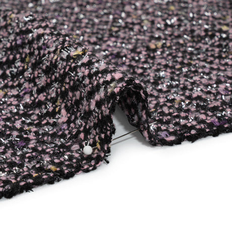 Light Pink, Black and Silver Metallic Fringe Acrylic Boucle Woven