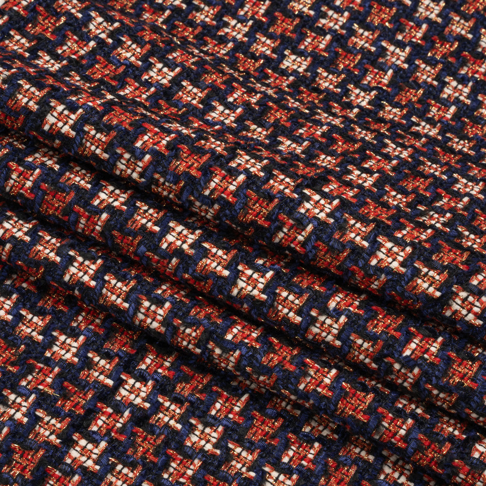Navy, Red and Metallic Gold Houndstooth Chenille Fringe Tweedy Acrylic Woven