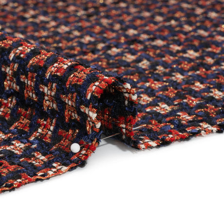Navy, Red and Metallic Gold Houndstooth Chenille Fringe Tweedy Acrylic Woven