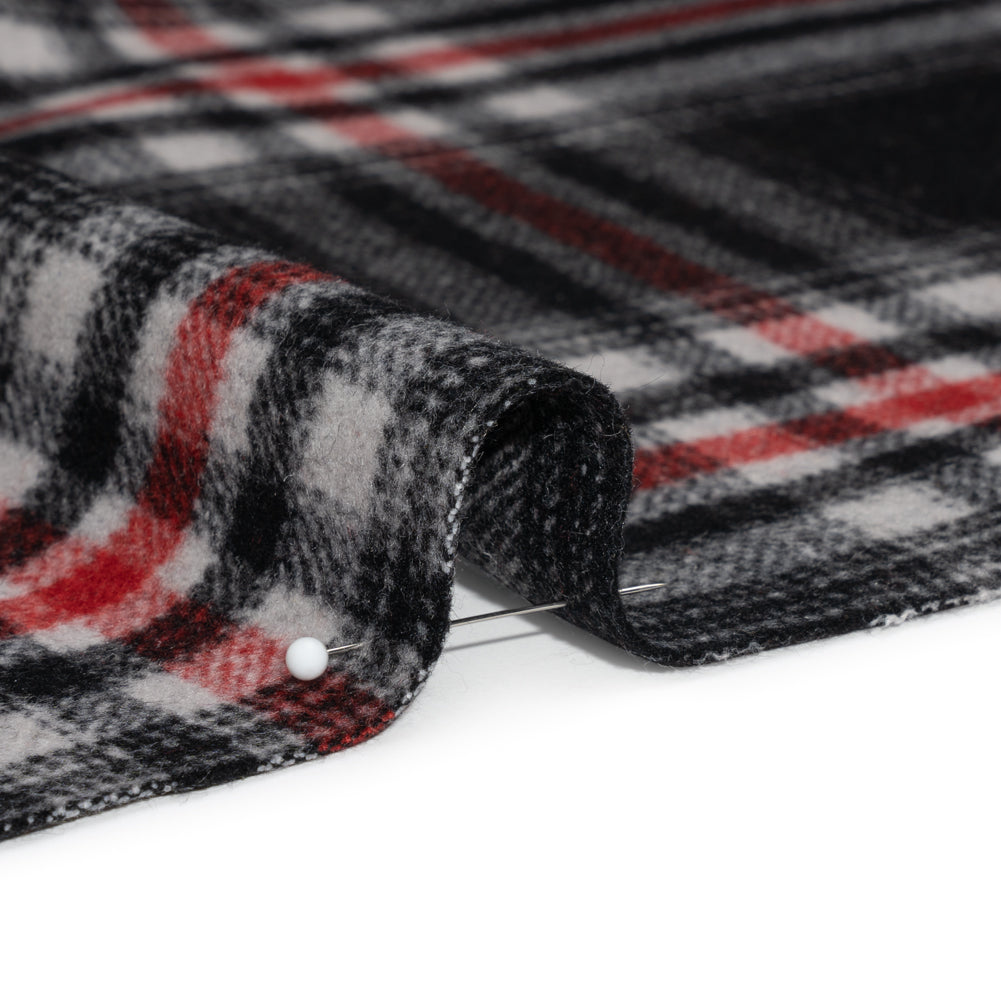 Black, Red and Cream Plaid Brushed Wool Blend Twill Coating