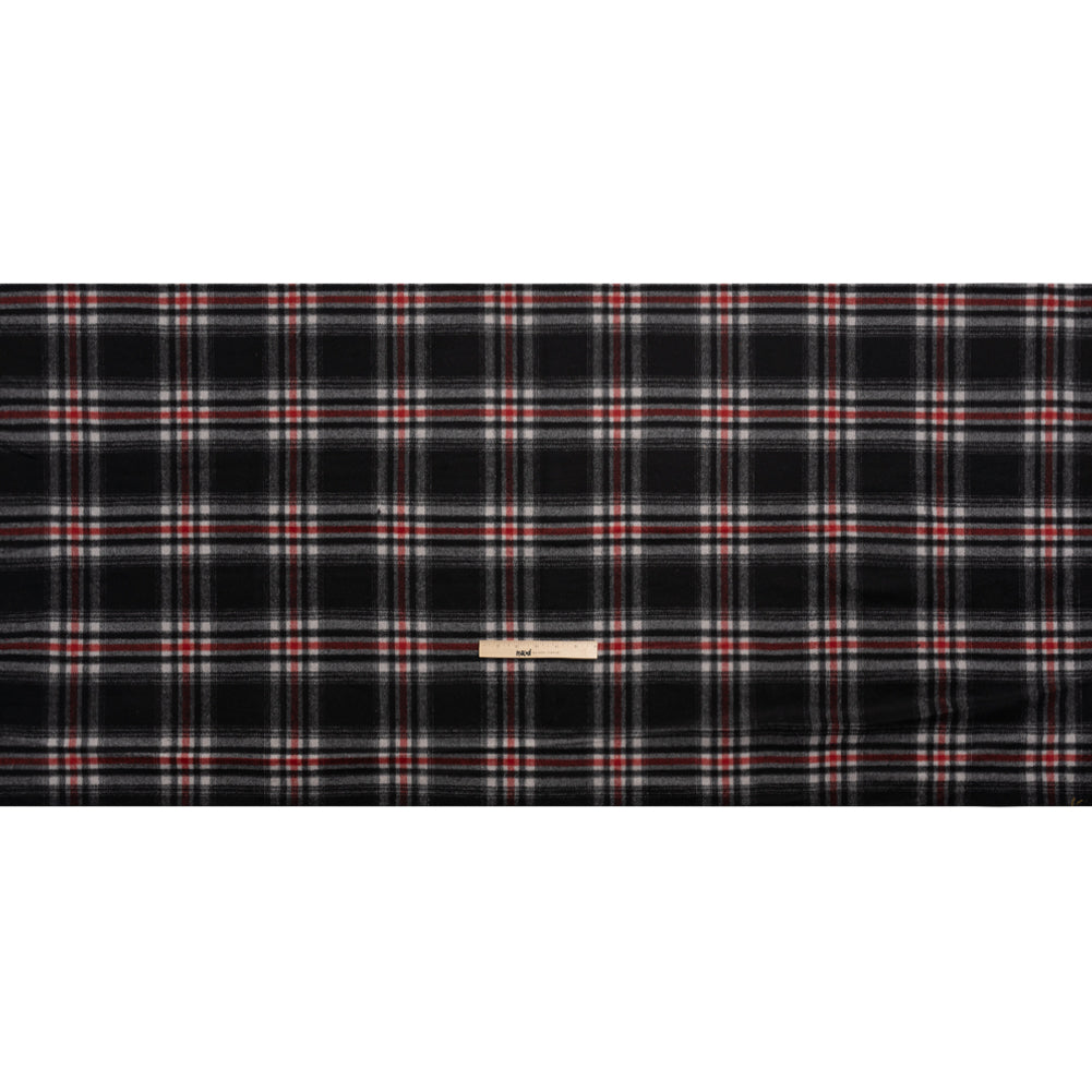 Black, Red and Cream Plaid Brushed Wool Blend Twill Coating