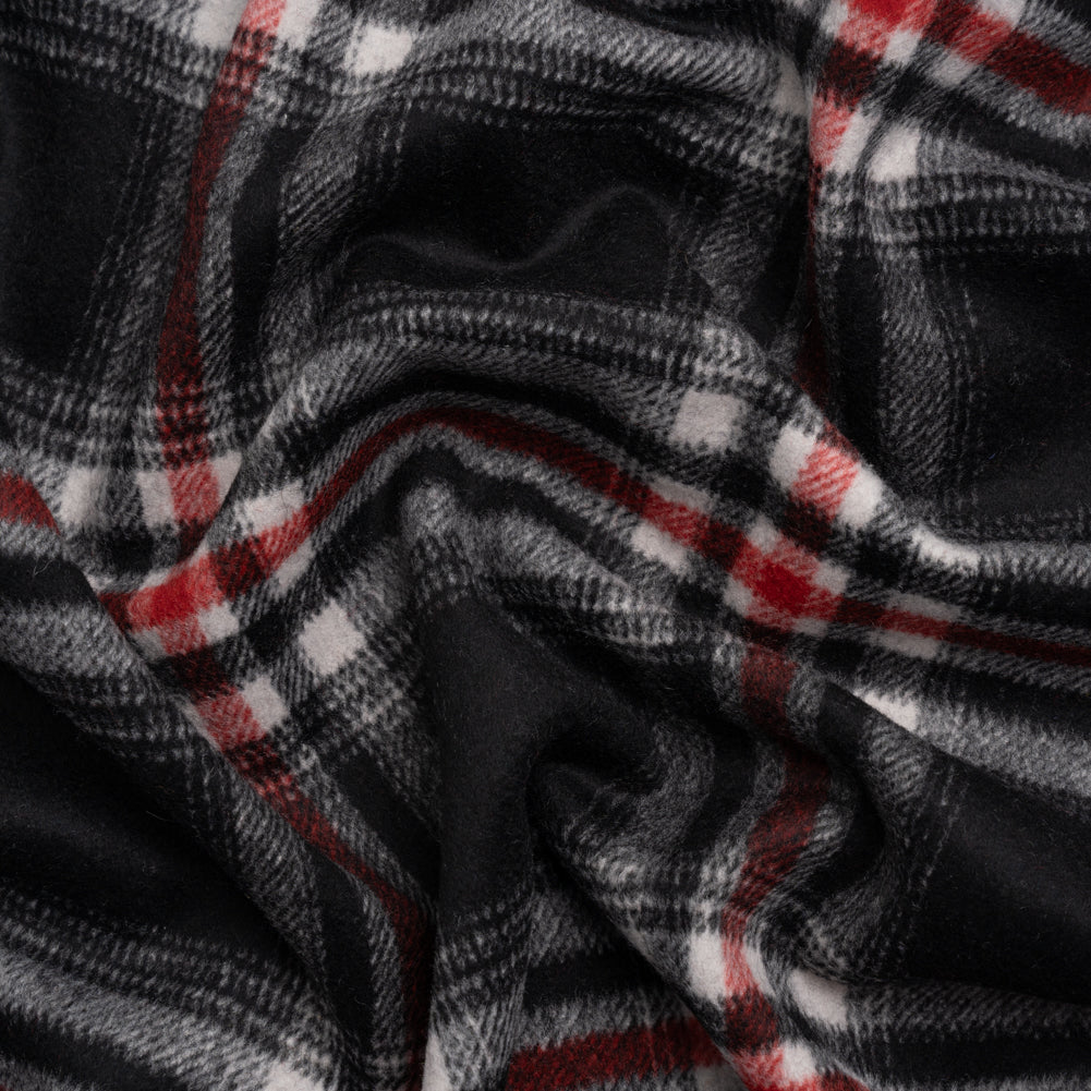 Black, Red and Cream Plaid Brushed Wool Blend Twill Coating