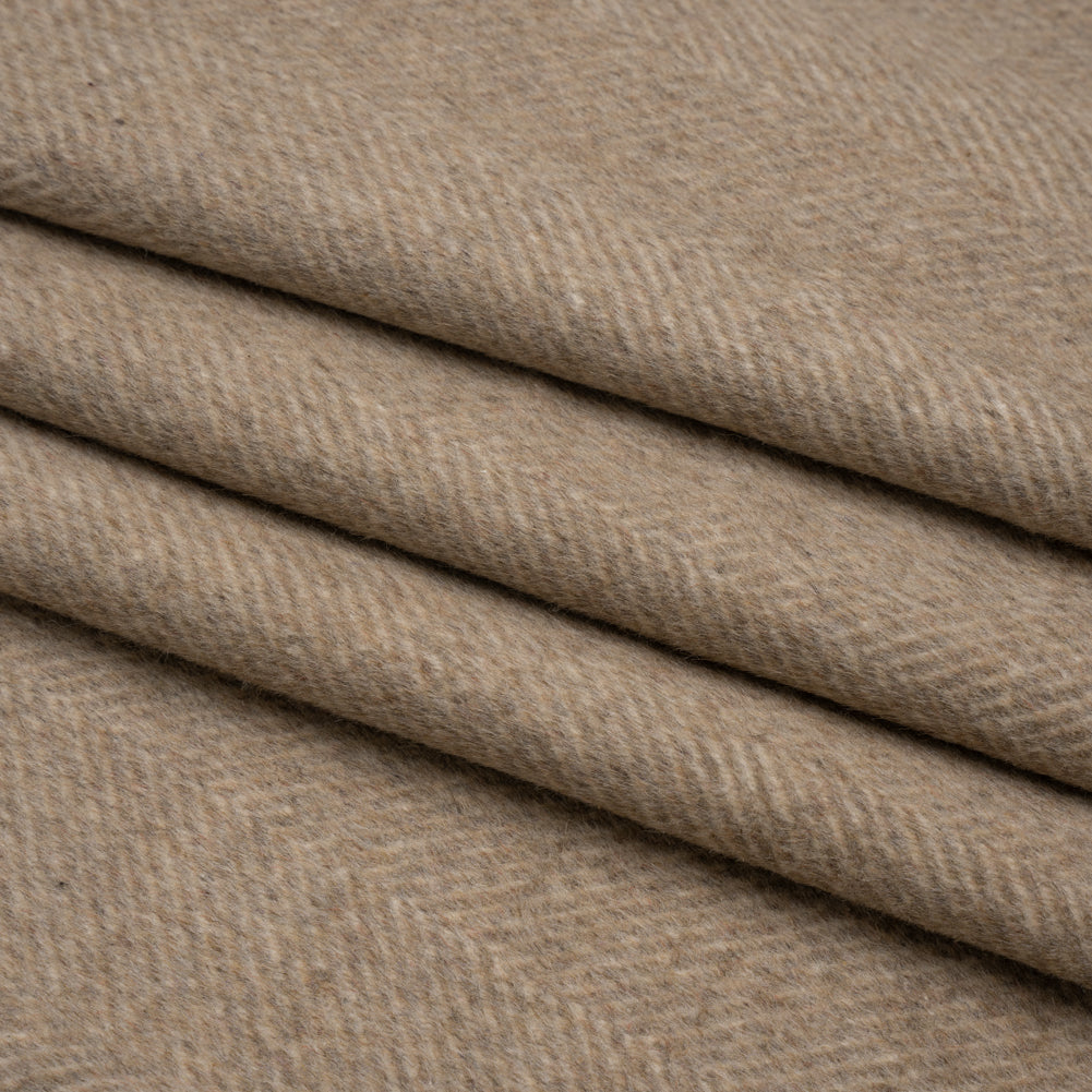 Dark Beige and Cream Herringbone Brushed Wool Blend Twill Coating