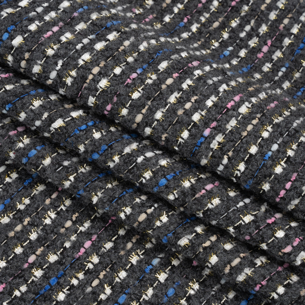 Charcoal, Pink and Blue Boucle Striped Acrylic Tweed