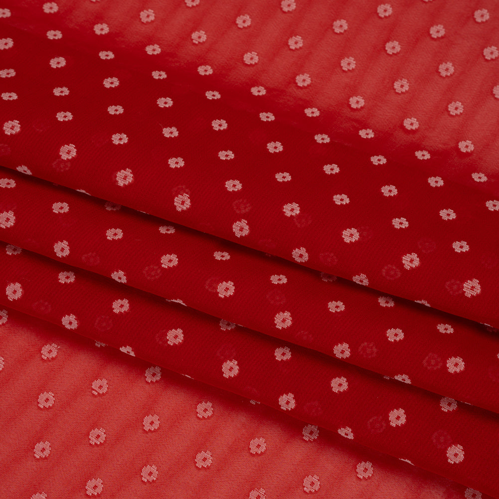 Red and White Woven Diamond Dots Polyester Chiffon